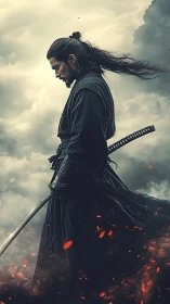 Samurai warrior profile amid smoke and drifting embers.