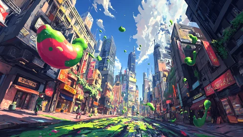 Urban commercial street shows floating slime forms in daylight