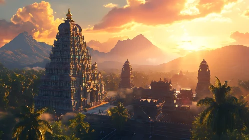 Golden sunset bathes ancient temple city in ethereal light.