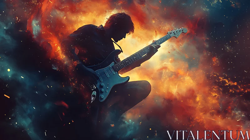 Cosmic guitar hero ignites nebula skies with electric fire.