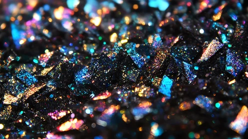 Iridescent crystal shards scatter prismatic neon light