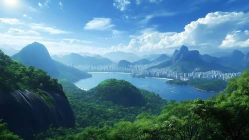 Lush coastal city embraces blue bay and dramatic mountains.