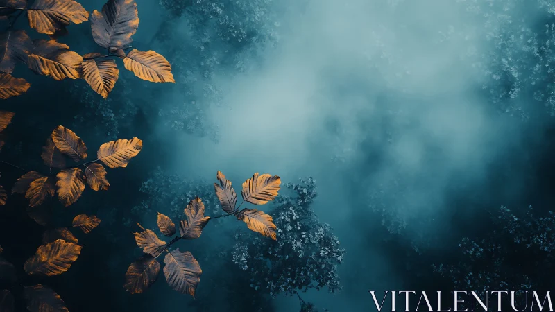 Amber leaves drift above teal mist in a dreamlike forest veil.
