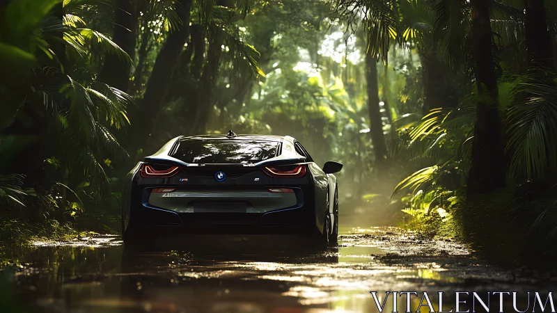 Hybrid sports coupe penetrates lush tropical rainforest trail.