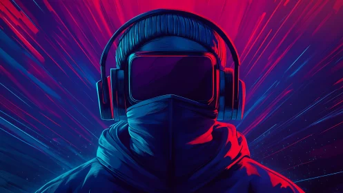 Hooded figure with VR headset and headphones is centrally framed