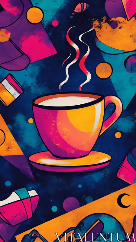 Steaming coffee cup anchors a neon pop-art beverage montage