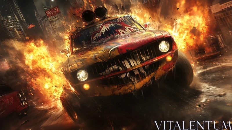 Armored muscle car drifts through urban firestorm with dynamic motion blur