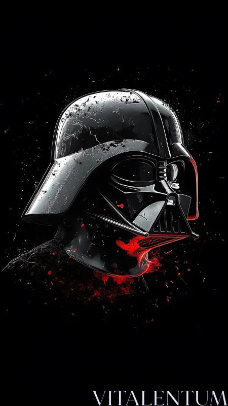 Reflective black helmet profile with splintered red debris.