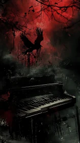 Crow silhouette hovers above distressed piano in red haze