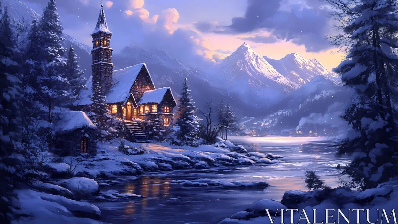 Snow-covered riverside chapel stands below illuminated mountains