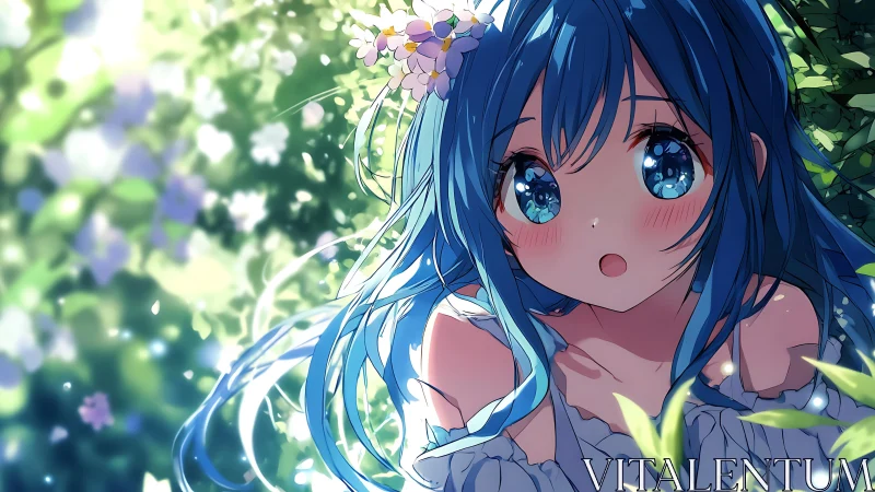 Blue haired girl gazes up softly under sunlit garden leaves