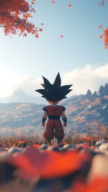 Child figure in orange outfit facing distant autumn hills.