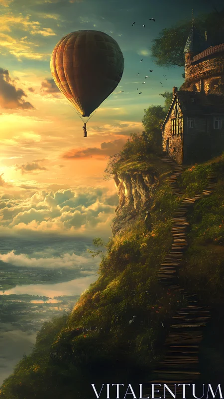 Hot air balloon beside cliffside house at sunset.