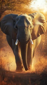 Charging bull elephant strides through glowing savanna dust.