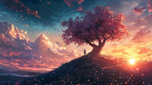 Sunset hillside sakura tree renders volumetric light gradients