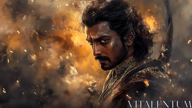 Warrior prince in molten amber smoke, intense chiaroscuro gaze.