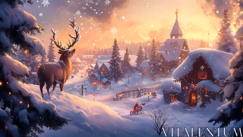 Digital painting of snowy reindeer lookout over festive village.