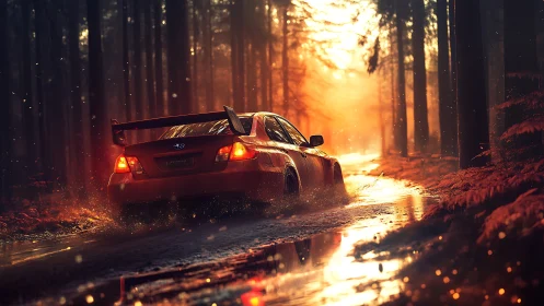 Sunlit forest rally drive through golden drifting mist.