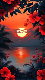 Tropical hibiscus frame encircles stylized neon sunset seascape