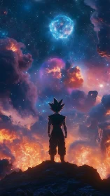 Stargazing warrior crowns a blazing cosmic storm horizon.