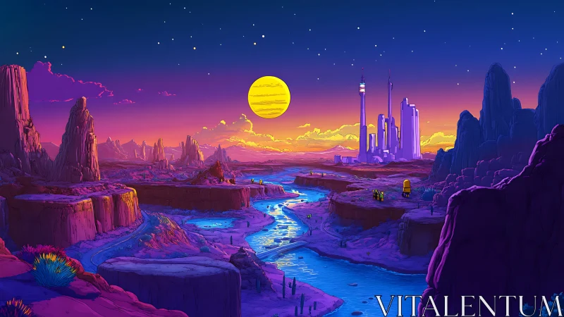 Futuristic canyon landscape with river and distant cityscape.