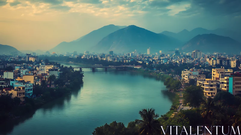 Tranquil riverside city waking gently beneath misty hills.
