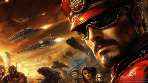 Commanding officer surveys orbital armada in fiery war-torn sky