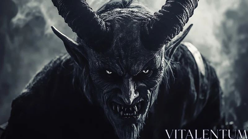 Demonic horned creature in high-contrast monochrome portrait.