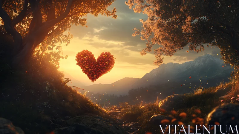 Red Heart Floats Among Autumn Trees at Golden Sunset