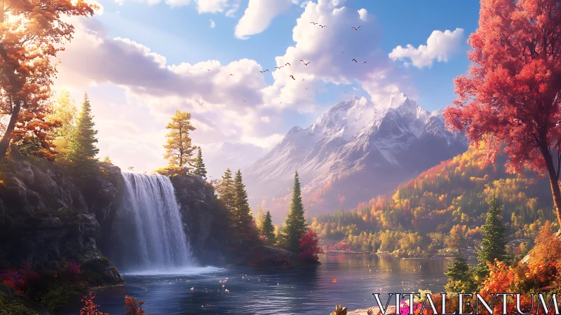 Sunlit autumn waterfall below snowcapped alpine mountains