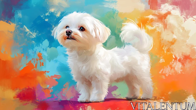 Fluffy white puppy struts through a whirlwind of color.