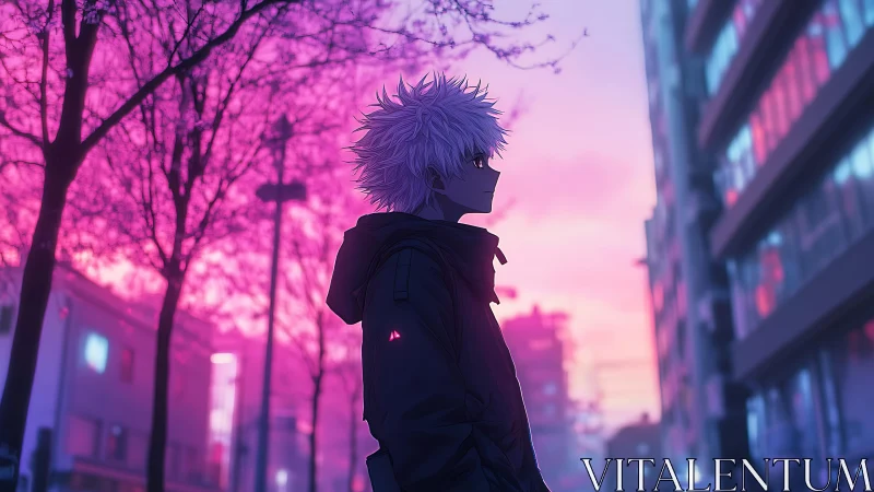 Neon dusk drapes a lone anime wanderer in electric silence.