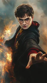 Young wizard unleashes fiery spell in dramatic battle stance