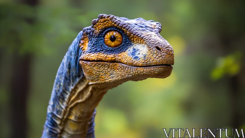 Realistic dinosaur head model in soft forest background.