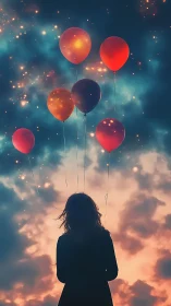 Silhouetted figure observes luminous balloons in a nebular sky