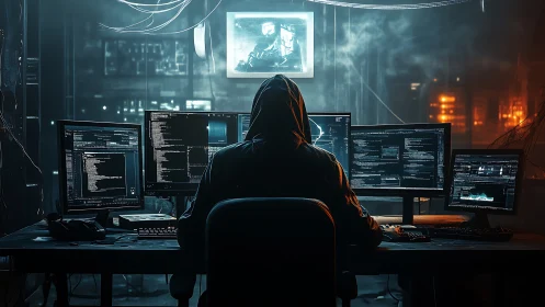 Hooded hacker works in neon-lit command center at night
