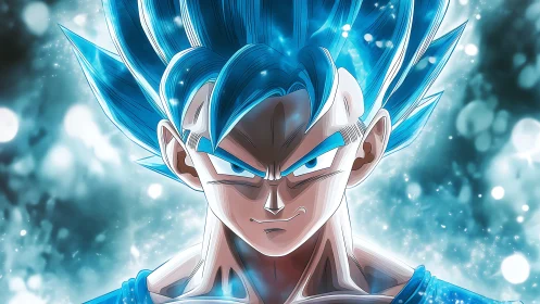 Electric blue warrior charging up in a storm of light.