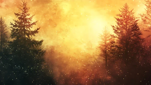 Coniferous forest landscape with atmospheric lighting.