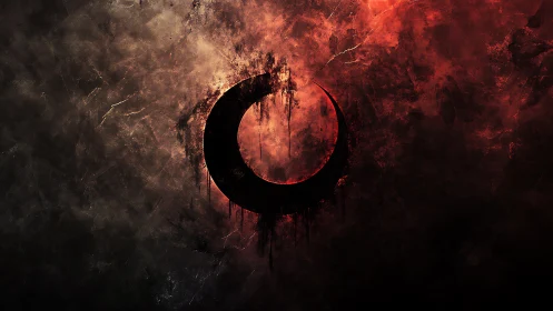 Crescent eclipse emblem within burning textured void.