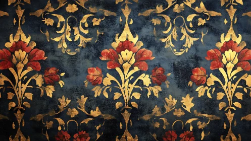 Ornate red florals on weathered gold damask field.