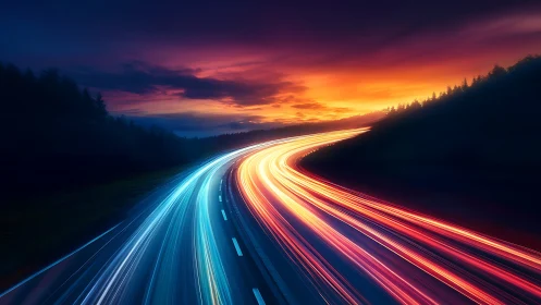 Highway comets streak toward a burning electric horizon