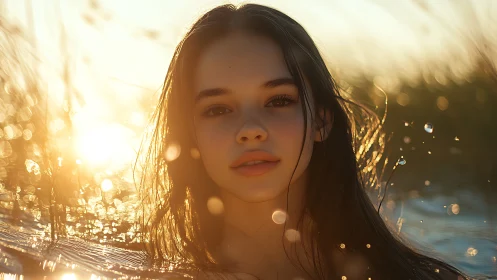 Sunlit portrait captures serene face among glowing water droplets