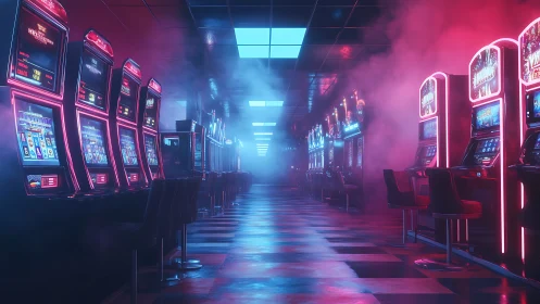 Neon slot machines whisper down a foggy retro arcade aisle