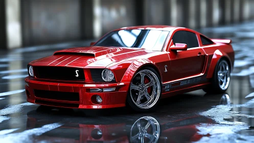 Crimson muscle machine prowls a glossy warehouse runway