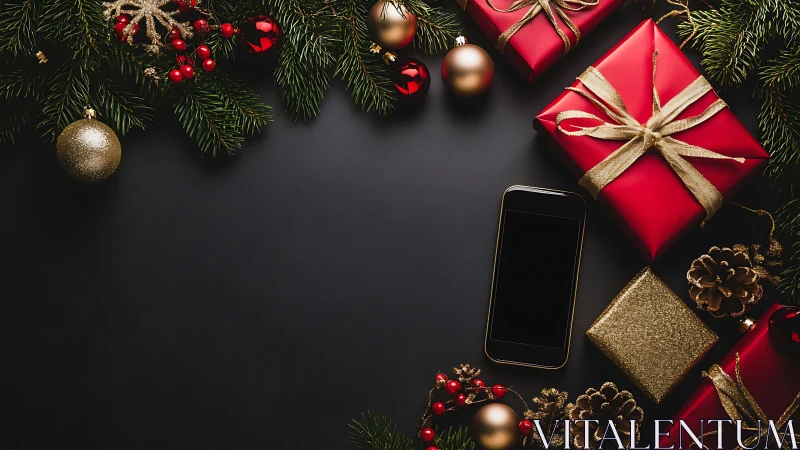 Christmas gifts and smartphone on elegant dark backdrop.