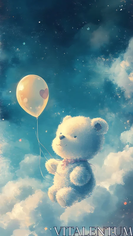 Fluffy teddy bear drifts above clouds holding heart balloon