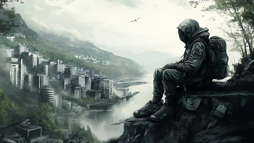 Figure in tactical gear sits above river cityscape