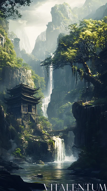 Hidden waterfall temple dreaming in mist-veiled mountains.