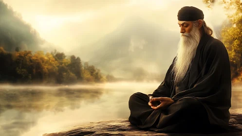Meditating sage sits beside misty lake in golden dawn light