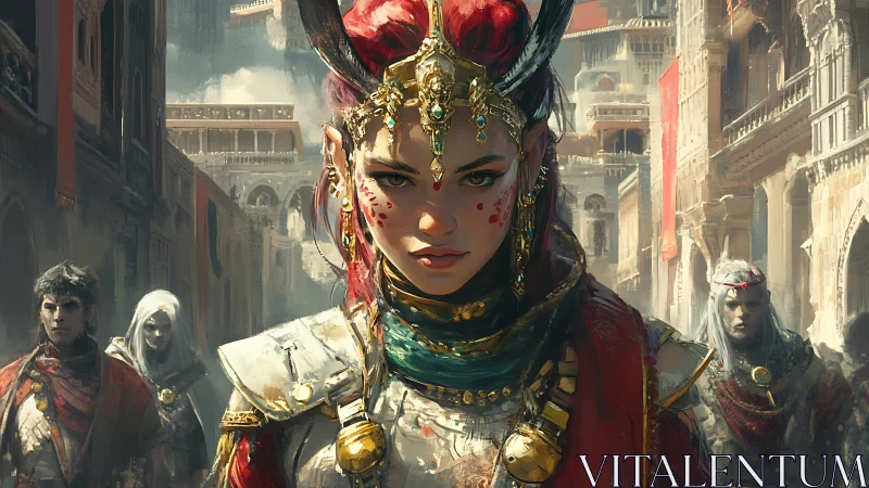 Warrior princess strides through sunlit ancient citadel.